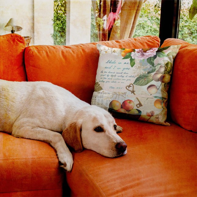 Bewahren in mir Fruchtbarer Glaube Kissen (Inspirational collage of fruit, scripture verse, sheet music, and elements of faith.  )