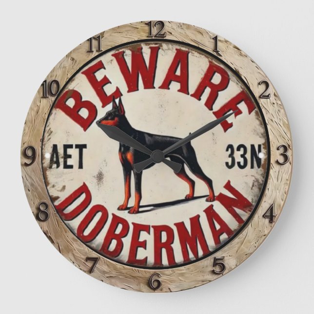 Beware Doberman Pinscher Dog  Große Wanduhr (Vorderseite)