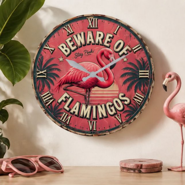 Beware of Flamingos Große Wanduhr (Von Creator hochgeladen)