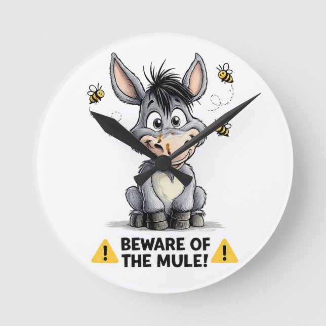Beware Of The Mule Funny Donkey Warning Design Runde Wanduhr (Vorderseite)