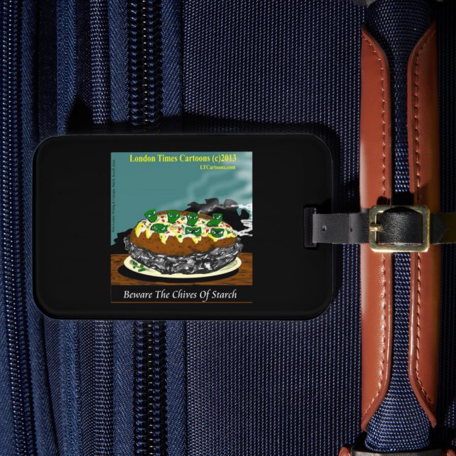 Beware the Chives of Starch – Funny Foodie Cartoon Gepäckanhänger (Vorderseite Insitu 4)