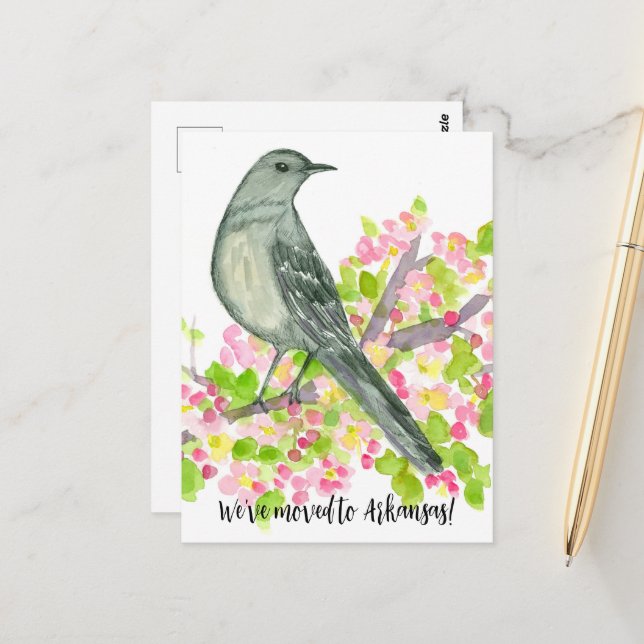 Bewegende Ankündigung Arkansas Mockingbird Blume Postkarte (Vorderseite/Rückseite Beispiel)