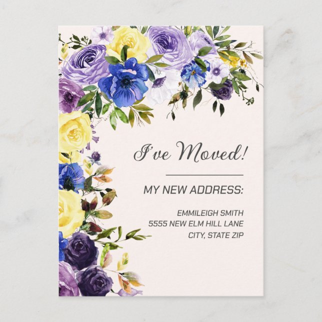 Bewegende Ankündigung Lila Gelbe Blüte Postkarte (Vorderseite)