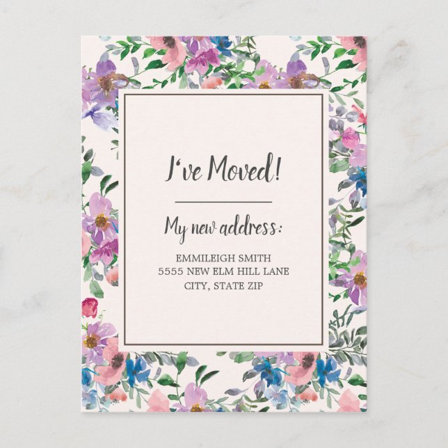 Bewegende Ankündigung Lila rosa Aquarellblume Postkarte (Vorderseite)