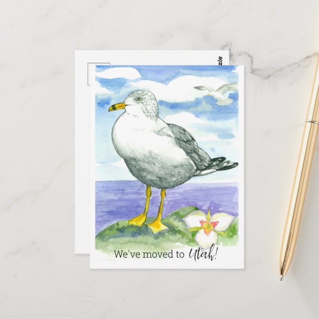 Bewegende Ankündigung Utah Seagull Sego Lily Blume Postkarte (Vorderseite/Rückseite Beispiel)
