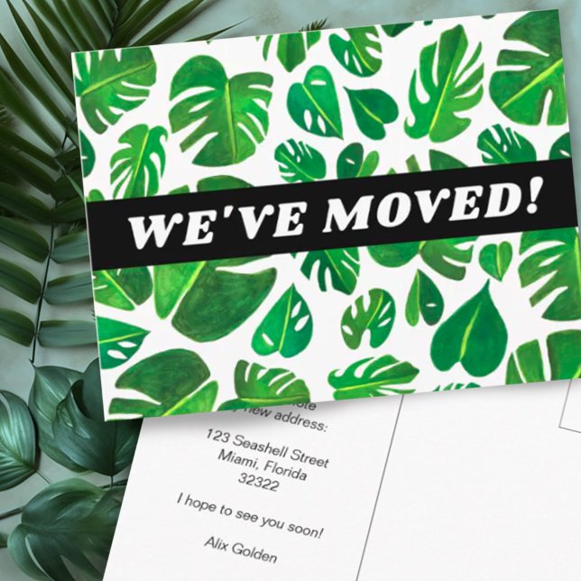 BEWEGUNG Monstera Botanisches Meer Postkarte (Colorful watercolor gouache monstera leaves botanical address change moving postcard)