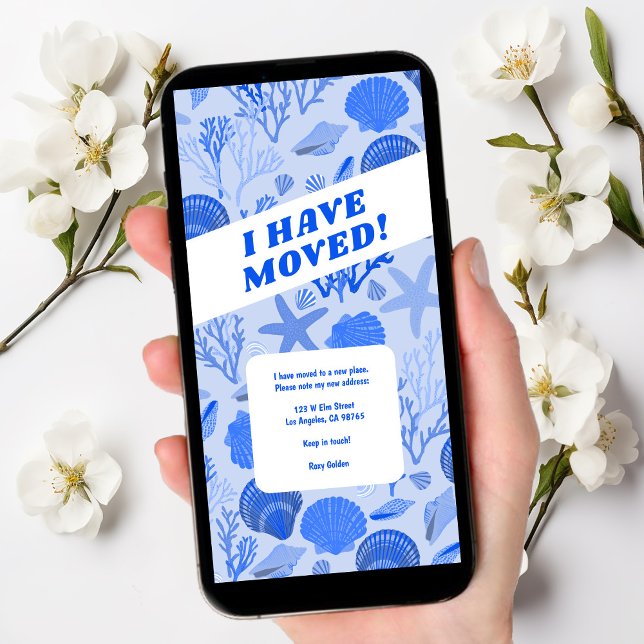 BEWEGUNGSANKÜNDIGUNG Blue Seashells Beach Tree Fre Save The Date (Customize this seashell digital moving announcement ecard tree-free email "we have moved")