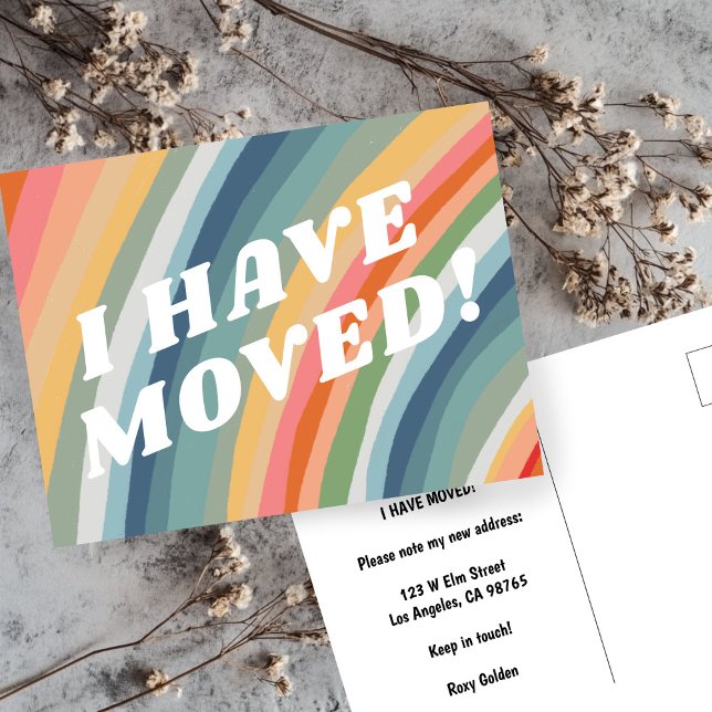 BEWEGUNGSANKÜNDIGUNG Farbige Streifen Retro-Regenb Postkarte (MOVING ANNOUNCEMENT New Address Colorful Stripes Retro Soft Rainbow Postcard
)