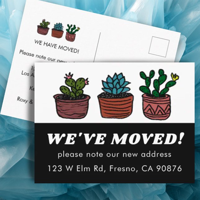 BEWEGUNGSANKÜNDIGUNG NEUE ADRESSE Niedlicher KAKTI Postkarte (Colorful cute cacti postcard for moving announcement change of address, customize w your details)