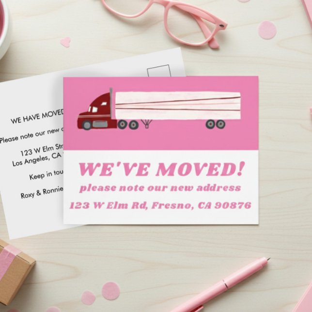 BEWEGUNGSANKÜNDIGUNG NEUE ADRESSE Niedlicher LKW P Postkarte (MOVING ANNOUNCEMENT NEW ADDRESS Cute Truck Pink Postcard
)