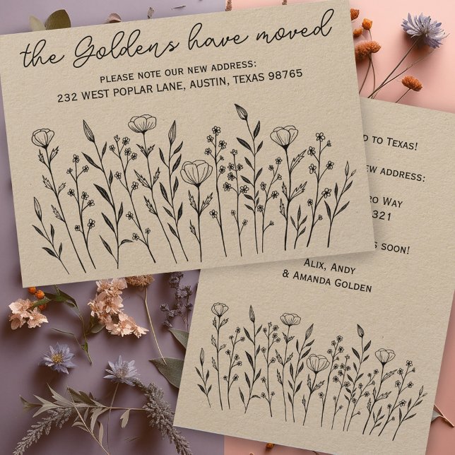 BEWEGUNGSANKÜNDIGUNG Wildblume Art Kraft Card Einladung (MOVING ANNOUNCEMENT Wildflower Line Art Kraft Address Change New Home Card)