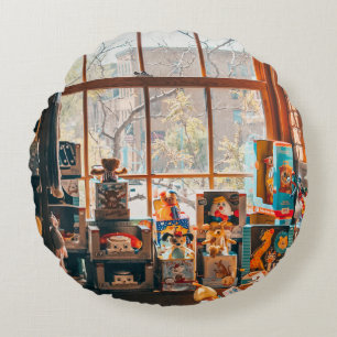 BEWERTETES PLUSH-SPIEL AUF BROWN-HOLZSCHELF RUNDES KISSEN