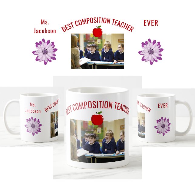 Bewertung des Fotos für die beste Komposition des  Kaffeetasse (Best Composition Teacher Ever photo mug. Name. Flowers. Apple. Modern, cute teacher appreciation mug)