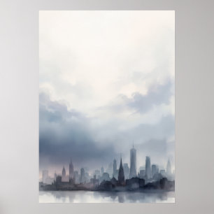Bewölkte Blaugrau Stadt-Skyline Aquarell Poster