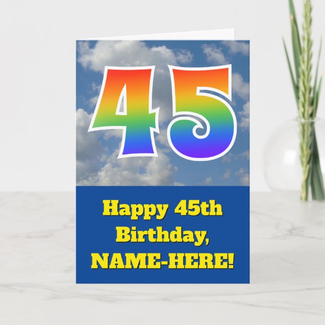 Bewölkter blauer Himmel, Regenbogen-Muster "45" Karte (Vorderseite)