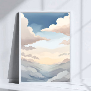 Bewölkter Himmel Wasserfarbe Himmel Blaue Wolken Poster