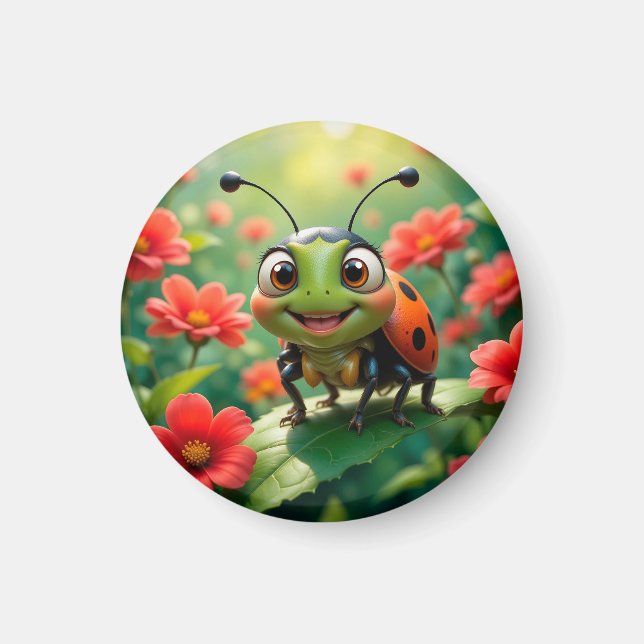 Bewundernswerter Cartoon Ladybug auf einem Blatt Magnet (Vorne)