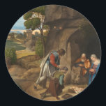 Bewunderung der Hirten durch Giorgione Weihnachten Runder Aufkleber<br><div class="desc">Die Bewunderung der Schäferhunde, manchmal noch bekannt als Allendale Krippe, nach einem ehemaligen Besitzer, ist ein Gemälde des italienischen Malers Giorgione aus der Renaissance, das zwischen 1505 und 1510 fertig gestellt wurde. Die Zuordnung ist nun üblich, wenn auch nicht universell; die übliche andere Ansicht ist, dass es sich um einen...</div>