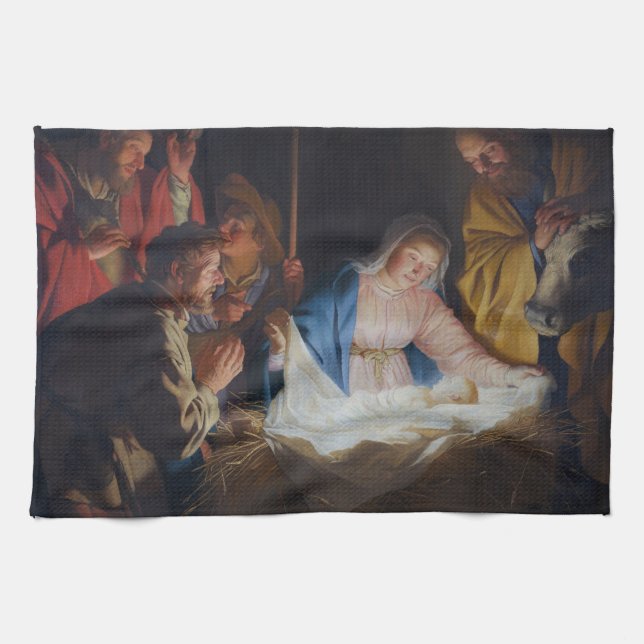 Bewunderung der Hirten - Honthorst - Weihnachten Geschirrtuch (Horizontal)
