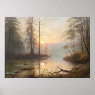 Bewunderung des Sonnenaufgangs am Fluss Poster