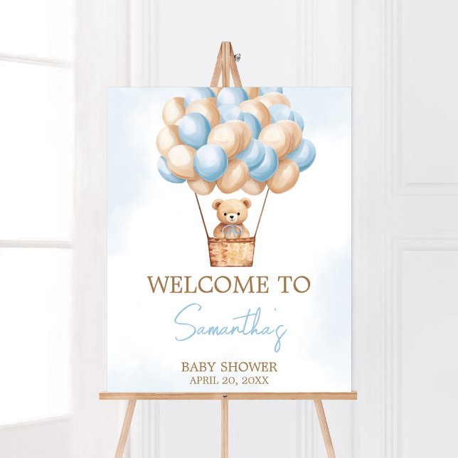 Beyond Wait Blue Hot Air Ballon Baby Willkommen Poster (Boy Baby Bear Balloons Baby Shower Welcome Sign)