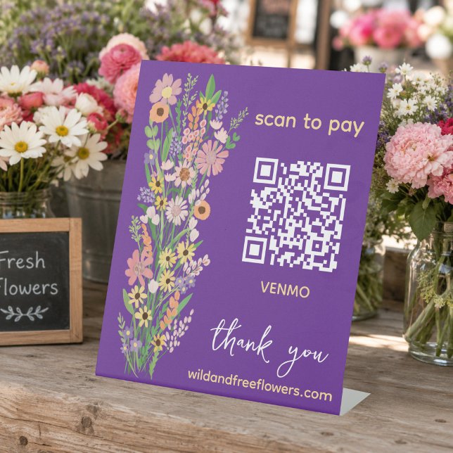 BEZAHLEN PER QR-Code Blumenhändler Handgemalte Blu Sockelschild (SCAN TO PAY QR Code Florist Handpainted Flowers Farmers Market Farmstand Pedestal Sign
)