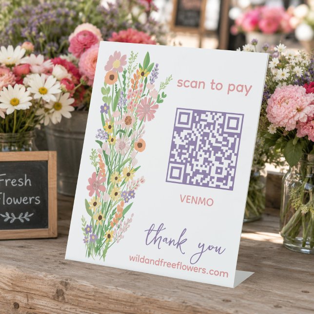 BEZAHLEN PER QR-Code Blumenhändler Handgemalte Blu Sockelschild (SCAN TO PAY QR Code Florist Handpainted Flowers Farmers Market Farmstand Pedestal Sign
)