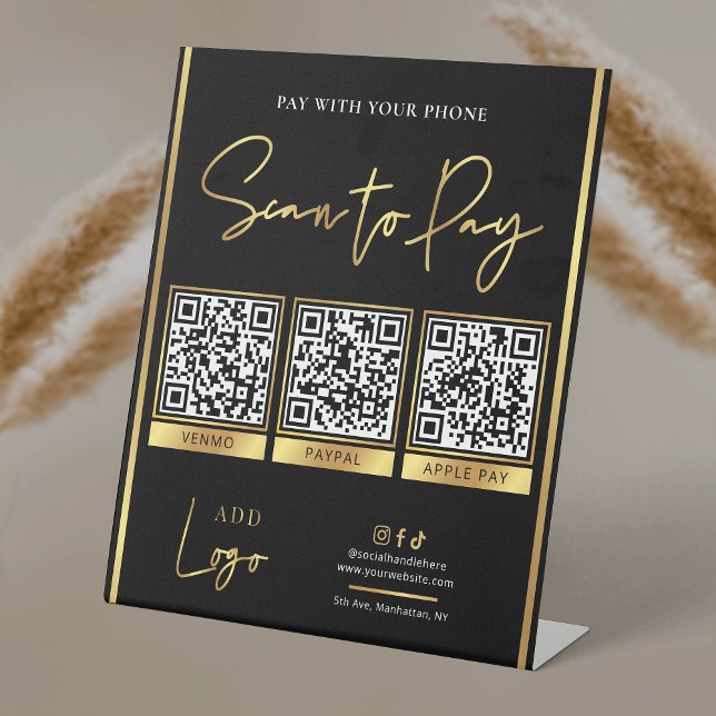 Bezahlen Sie die Bezahlung von 3 QR-Codes für Schw Sockelschild (Black and gold pay with phone sign with space for 3 QR codes and your logo)