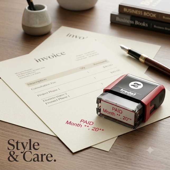 Bezahlte Briefmarke mit eigenem Datum Permastempel (Self Inking Paid Stamp Featuring Custom Date Line)