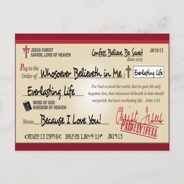 Bezahlung in vollem Rett durch Jesus Karo Christli Postkarte (Vorderseite)