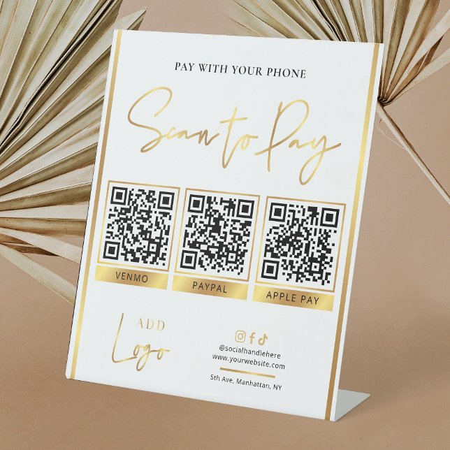 Bezahlung von Gold-Business-Logos: 3 QR-Codes Sockelschild (White and gold pay with phone sign with space for 3 QR codes and your logo)