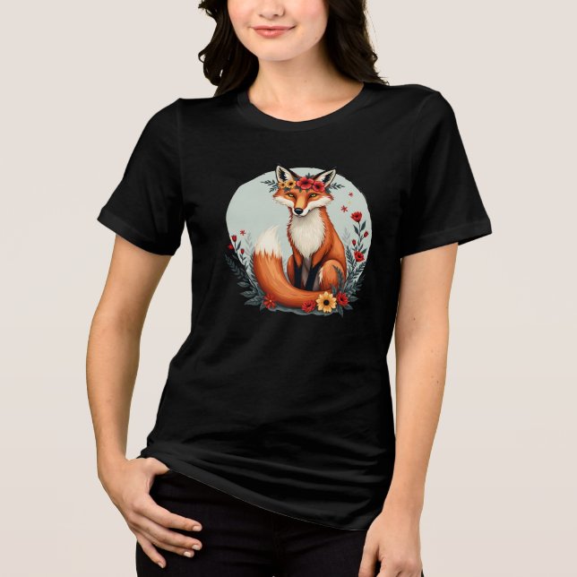 Bezaubernd Blumenfox Holzlandschaft Kunst Tri-Blend Shirt (Vorderseite)