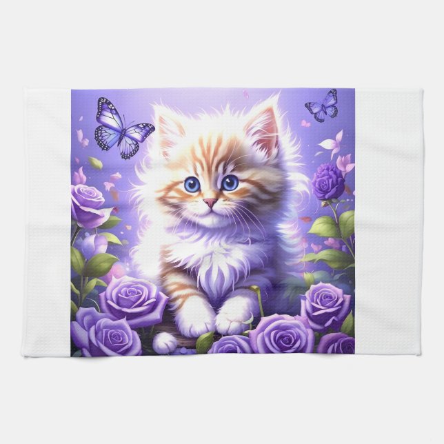 Bezaubernd Kätzchen unter Lila Rose Geschirrtuch (Horizontal)