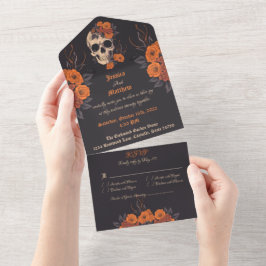 Bezaubernd Orange Bouquet auf Cream Skull All In One Einladung