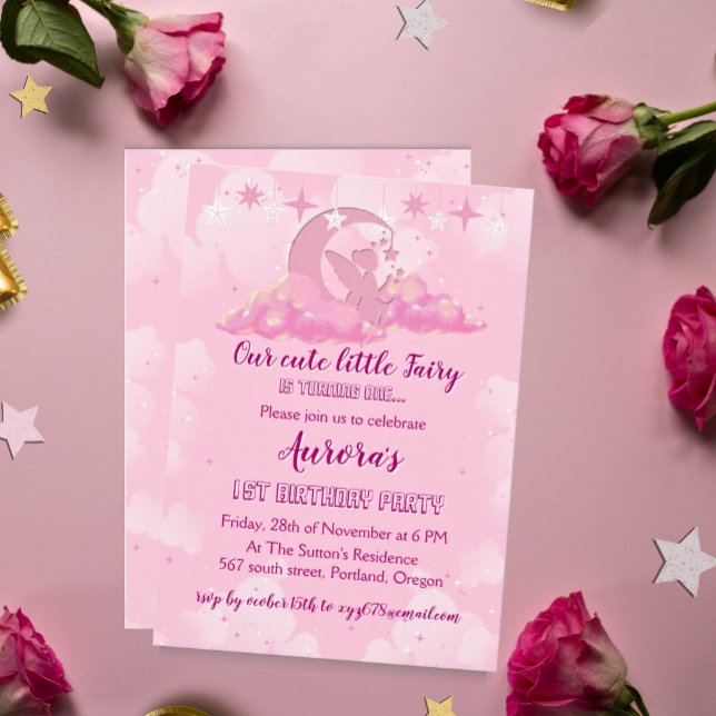 Bezaubernd Pink Little Fairy in Wolken Geburtstag Einladung (Von Creator hochgeladen)