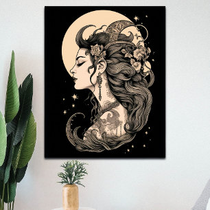 Bezaubernde Boho Moon Goddess auf schwarzem Hinter Poster