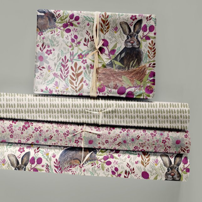 Bezaubernde Bunnies in Korbkörben, Wiesen-Dekoupag Geschenkpapier Set (Charming Bunnies In Baskets Meadow Flowers Wrapping Paper Sheets by Jenn Steffen for Studio Posies.)