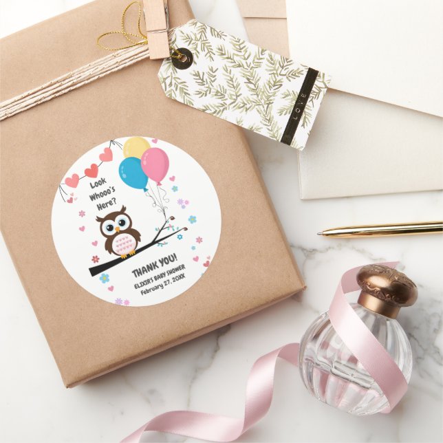 Bezaubernde Eule mit Balloons & Herz Babydusche Runder Aufkleber (Schenken)
