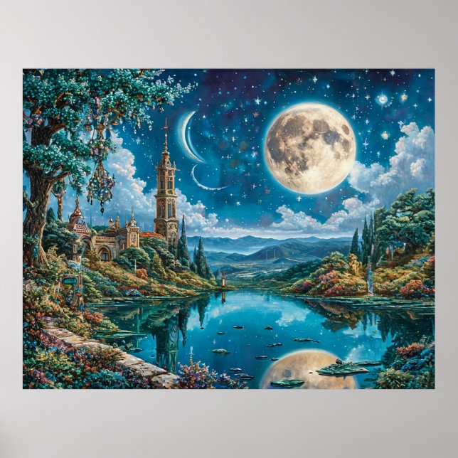 Bezaubernde Fantasy Landschaft mit Burg Monlit Poster (Vorne)