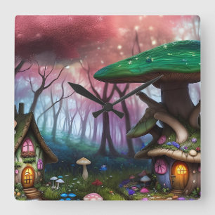 Bezaubernde Forest Dreamscape Mushroom Fantasy Fai Quadratische Wanduhr