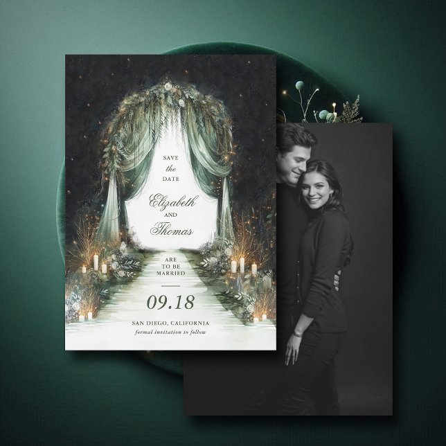 Bezaubernde Forest Dreamy Night Canopy Foto Hochze Save The Date (enchanted forest woodland wedding save the date romantic canopy fairy tale magic bespoke moody dark)