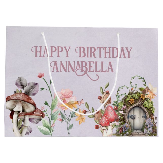 Bezaubernde Forest Fairy Garden Door auf Lila Große Geschenktüte (Rückseite)