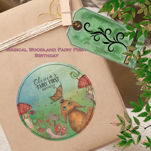 Bezaubernde Forest Fox & Snail Fairy zum ersten Ge Runder Aufkleber (Enchanted Forest Fox & Snail Fairy First Birthday Classic Round Sticker)