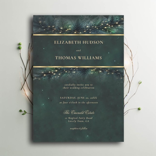 Bezaubernde Forest Garland Fairytale Goldene Hochz Einladung (enchanted forest wedding invitation emerald gold frame garland typography modern classic)