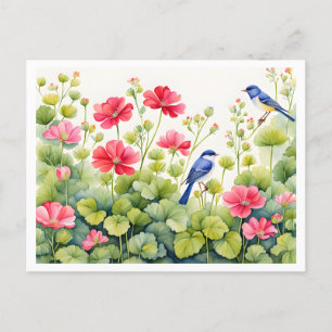 Bezaubernde Gartenlandschaft, Bluebirds und rosa B Postkarte