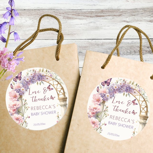 Bezaubernde Gartenschmetterlinge Baby Dusche Gefal Runder Aufkleber (Enchanted garden butterflies baby shower thank you favor sticker baby shower favors pastel lilac)