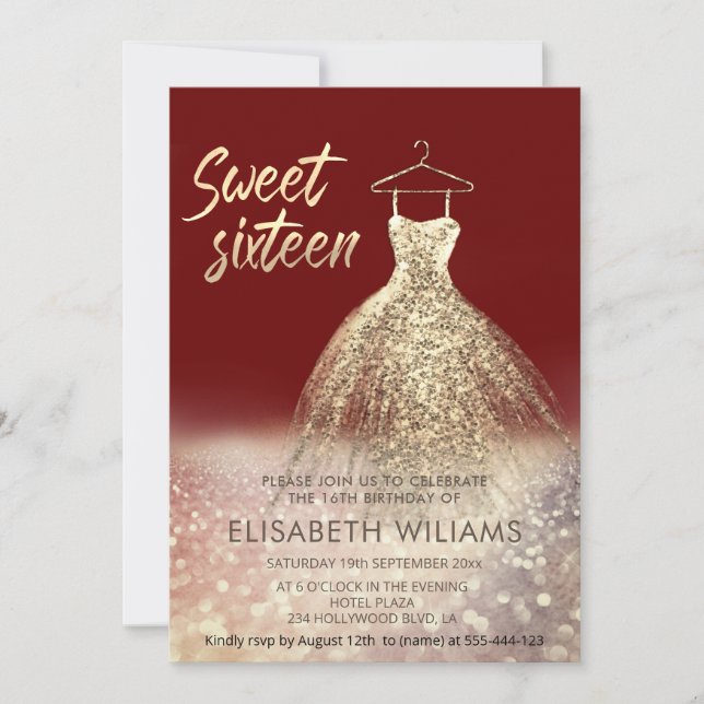 Bezaubernde goldene Kleidung glänzend ombre rot i Einladung (Vorderseite)