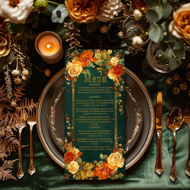 Bezaubernde, grün und orange Inspirierte Hochzeit Menükarte (elegant wedding menu design, Celtic-inspired wedding stationery, autumn wedding menu, nature-themed )