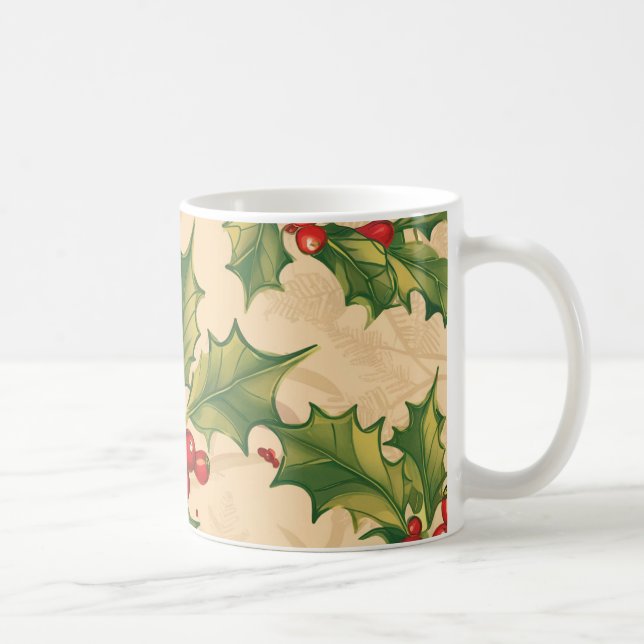 Bezaubernde grüne Holly-Blätter mit Roten Bereren Kaffeetasse (Rechts)