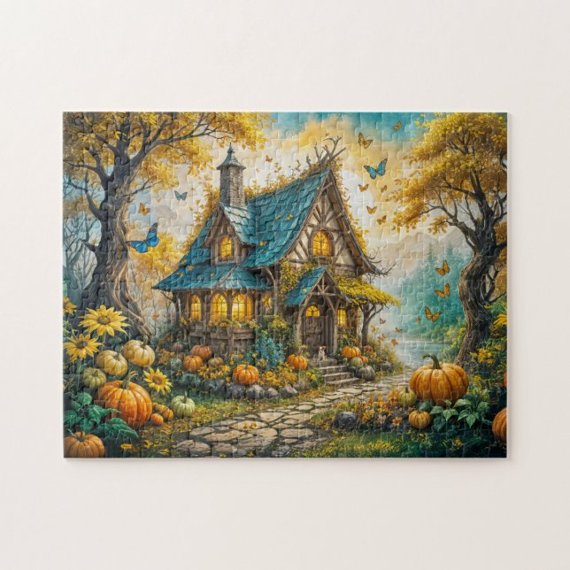 Bezaubernde Herbst-Hütte mit Pumpkins Puzzle (Horizontal)
